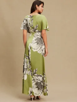 Next Textured Satin Short Sleeve Twist Front Midi Dress Green/Ecru Sale