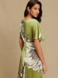 Next Textured Satin Short Sleeve Twist Front Midi Dress Green/Ecru Sale