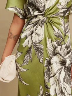 Next Textured Satin Short Sleeve Twist Front Midi Dress Green/Ecru Sale