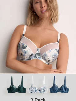 Next DD+ Non Pad Full Cup Bras 3 Pack with Side Support Green/Navy/Navy Print Online