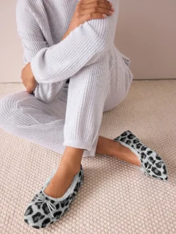 Next Ballerina Flat Slippers Grey Animal Print
