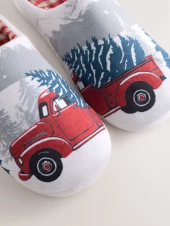 Next Grey Christmas Truck Plush Mule Slippers Hot
