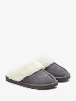 Next Grey Faux Fur Lined Suede Mule Slippers New