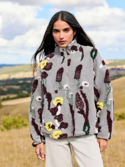 Next Grey Floral Jacquard Floral Jaquarded Borg Half Zip Neck Fleece Sweatshirt New