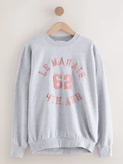 Next Grey Graphic Satin Applique 'Le Marais' City Longsleeve Crewneck Sweatshirt New