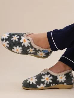 Lunar Ladies Flower Pattern Slippers Grey New