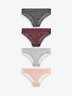 Next Grey Marl/Pink/Plum Bikini Cotton Lace Knickers 4 Pack New