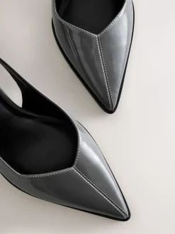 Next Forever Comfort® Pointed Toe Slingback Block Heels Grey Patent Hot