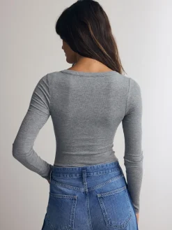 Next Ribbed Long Sleeve Henley Bodysuit Grey Online