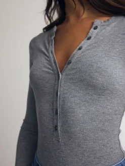 Next Ribbed Long Sleeve Henley Bodysuit Grey Online