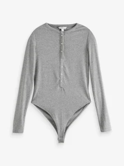 Next Ribbed Long Sleeve Henley Bodysuit Grey Online