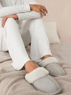 Next Grey Suede Faux Fur Mule Slippers Outlet