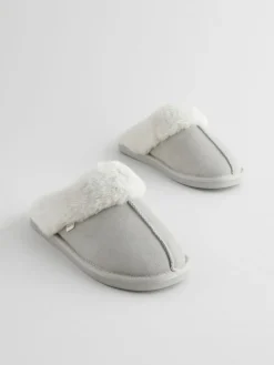 Next Grey Suede Faux Fur Mule Slippers Outlet