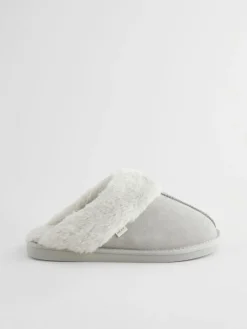 Next Grey Suede Faux Fur Mule Slippers Outlet