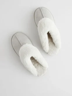 Next Grey Suede Faux Fur Mule Slippers Outlet