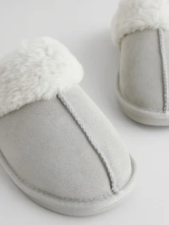 Next Grey Suede Faux Fur Mule Slippers Outlet
