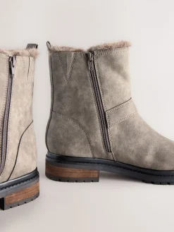 Next Forever Comfort® Faux Fur Hardware Ankle Boots Grey Textured Clearance