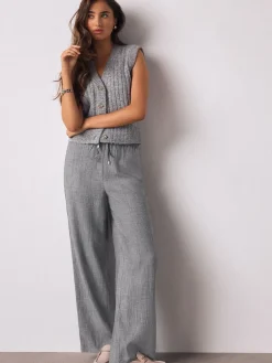 Next Grey Tie Waist Wide Leg Trousers with Wool Outlet