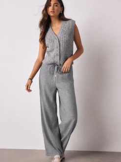 Next Grey Tie Waist Wide Leg Trousers with Wool Outlet