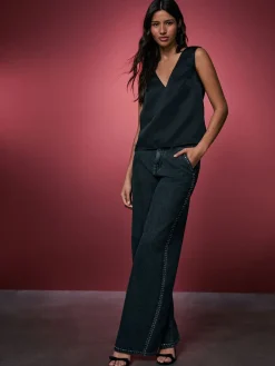 Next Grey Washed Black Embellished Studded High Rise Palazzo Wide Leg Jeans Sale