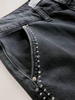 Next Grey Washed Black Embellished Studded High Rise Palazzo Wide Leg Jeans Sale