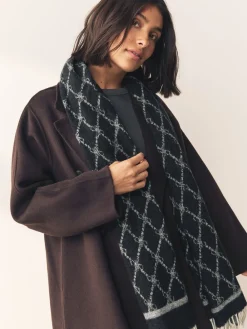 Next Premium Made in Italy Jacquard Monogram 100% Wool Midweight Scarf Grey/Black Clearance