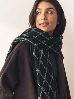 Next Premium Made in Italy Jacquard Monogram 100% Wool Midweight Scarf Grey/Black Clearance