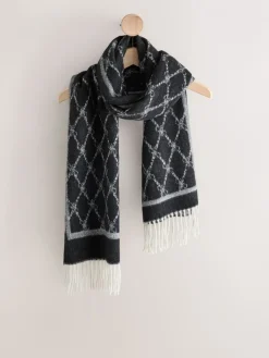 Next Premium Made in Italy Jacquard Monogram 100% Wool Midweight Scarf Grey/Black Clearance