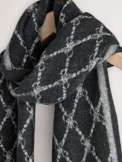 Next Premium Made in Italy Jacquard Monogram 100% Wool Midweight Scarf Grey/Black Clearance