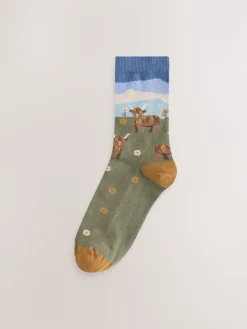 Next Warm Handle Cotton Ankle Socks 2 Pack Hamish The Highland Cow Scene Discount