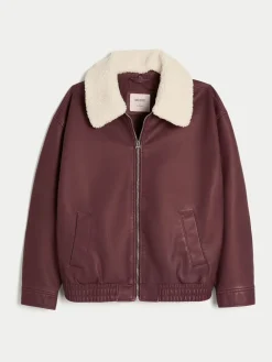 Hollister Faux Leather Bomber Jacket With Removable Collar Red Clearance