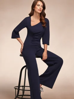Hot Squash Ruched Jumpsuit with Sleeves Blue New