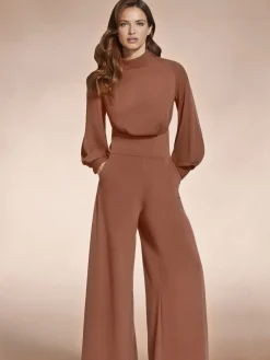 Hot Squash Wide Leg Jumpsuit with Blouson Sleeve Brown
