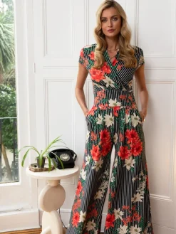 Hot Squash HotSquash Black Pin Striped Floral Wide Leg Jumpsuit Discount