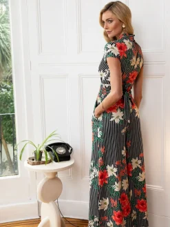 Hot Squash HotSquash Black Pin Striped Floral Wide Leg Jumpsuit Discount