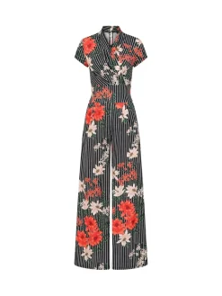 Hot Squash HotSquash Black Pin Striped Floral Wide Leg Jumpsuit Discount