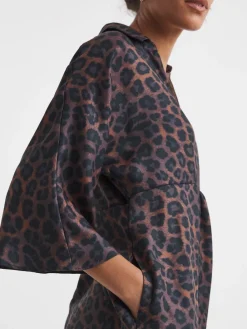 JD Williams Animal Collarless Placket 3/4 Sleeve Smock Dress New