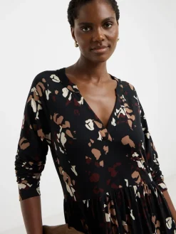 JD Williams Black Soft Touch Long Sleeve Notch Neck Dress New