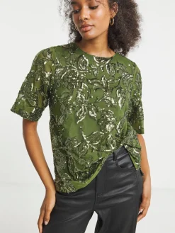 Joanna Hope Floral Sequin Green Blouse Hot