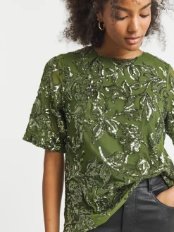 Joanna Hope Floral Sequin Green Blouse Hot