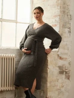 Jojo Maman Bébé Mocha Blouson Sleeve Maternity Knitted Midi Dress