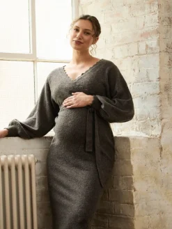 Jojo Maman Bébé Mocha Blouson Sleeve Maternity Knitted Midi Dress