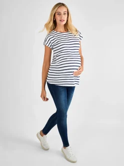Jojo Maman Bébé White Navy Stripe Boyfriend Maternity Cotton T-Shirt Clearance