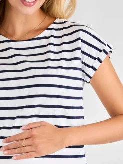 Jojo Maman Bébé White Navy Stripe Boyfriend Maternity Cotton T-Shirt Clearance