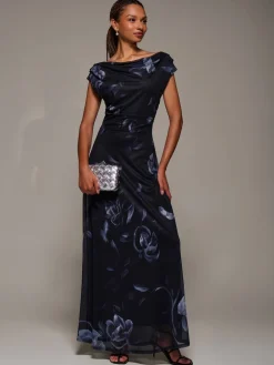 Jolie Moi Asymmetric Neck Mesh Maxi Dress Black New