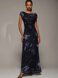 Jolie Moi Asymmetric Neck Mesh Maxi Dress Black New