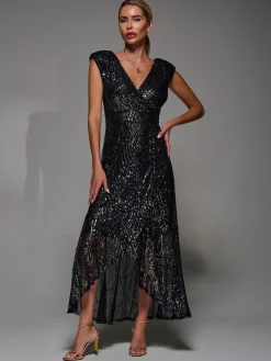 Jolie Moi Black Chrome Sequin Asymmetric Ruffle Hem Maxi Dress Clearance