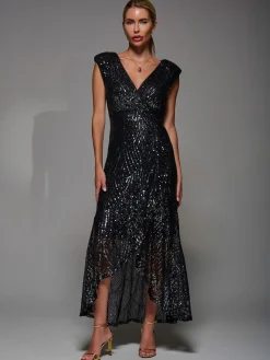 Jolie Moi Black Chrome Sequin Asymmetric Ruffle Hem Maxi Dress Clearance