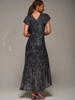 Jolie Moi Black Frill Short Sleeve Sequin Maxi Dress Clearance
