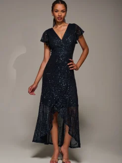 Jolie Moi Black Frill Short Sleeve Sequin Maxi Dress New